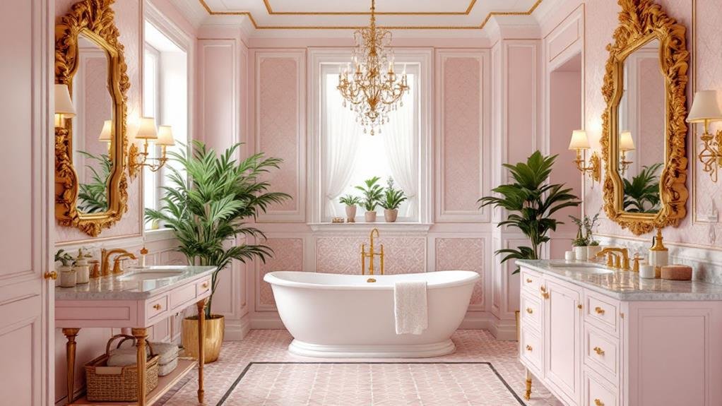 Bathroom design ideas for a relaxing retreat featuring a pink vanity paired with neutral beige walls. The soft beige tones create a subtle backdrop that balances the vibrant pink, adding warmth and elegance to the spa-inspired bathroom.