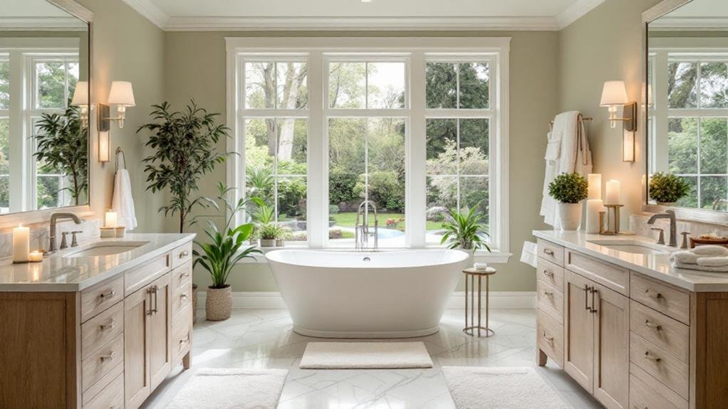 Freestanding tub in a spa-inspired bathroom designed for a relaxing retreat, featuring natural wood accents and soft, ambient lighting to create a calming atmosphere.