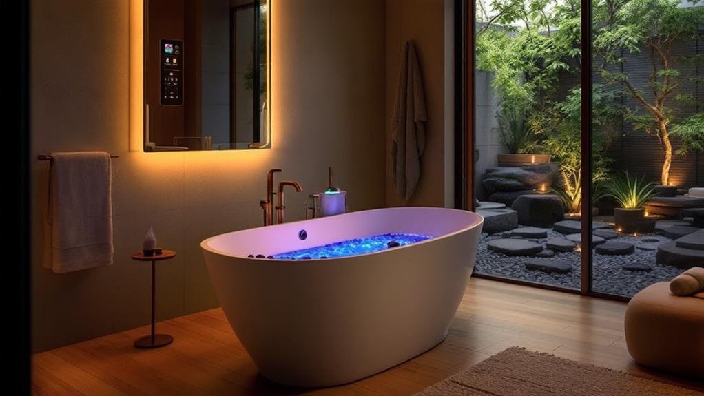 Bathroom design ideas for a relaxing retreat featuring a smart mirror with adjustable LED lighting. This wellness feature enhances the spa-like experience, offering customizable lighting for a soothing, high-tech bathroom ambiance.