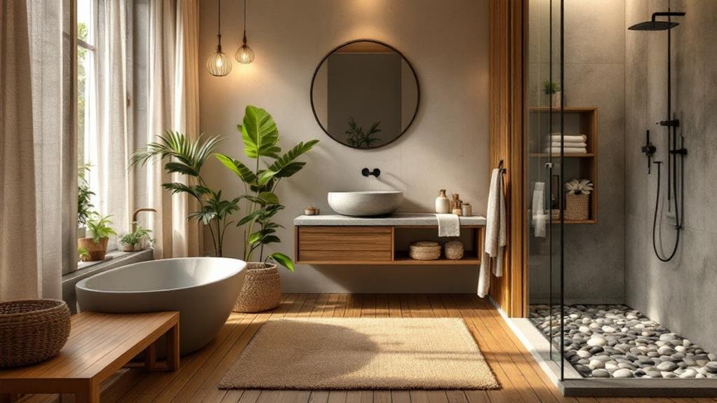 Bathroom design ideas for a relaxing retreat featuring natural stone and wood elements, creating a spa-like ambiance. The combination of textures adds warmth and an earthy feel, making it perfect for a serene bathroom retreat.