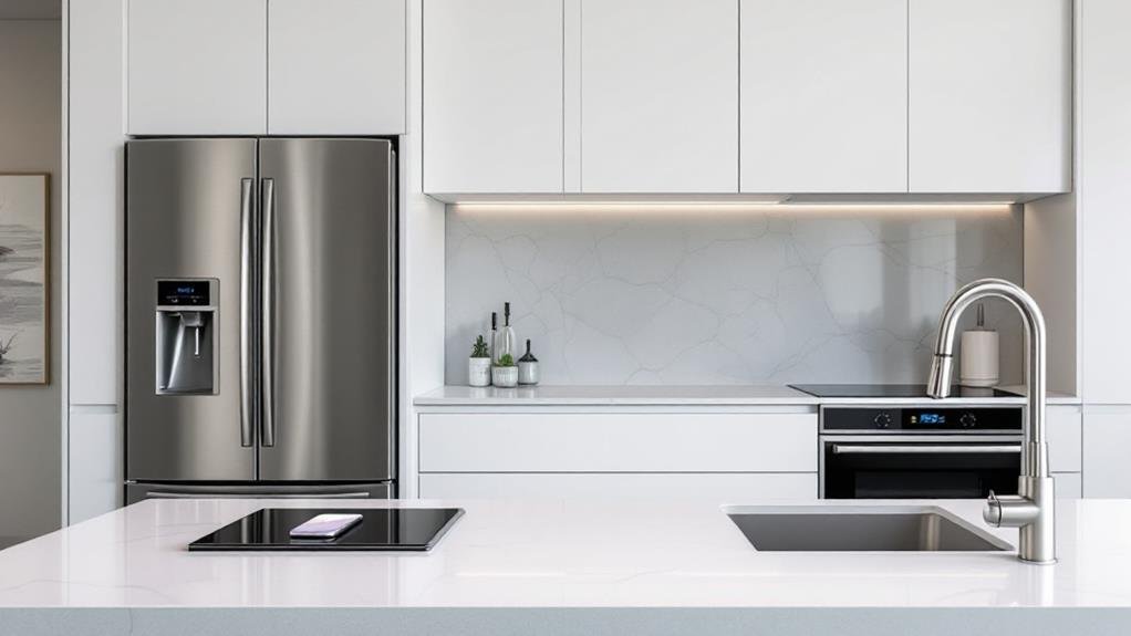 Modern kitchen design featuring a cutting-edge smart refrigerator with a touchscreen display. This innovative appliance offers features like meal planning, inventory management, and voice control for a high-tech kitchen experience.