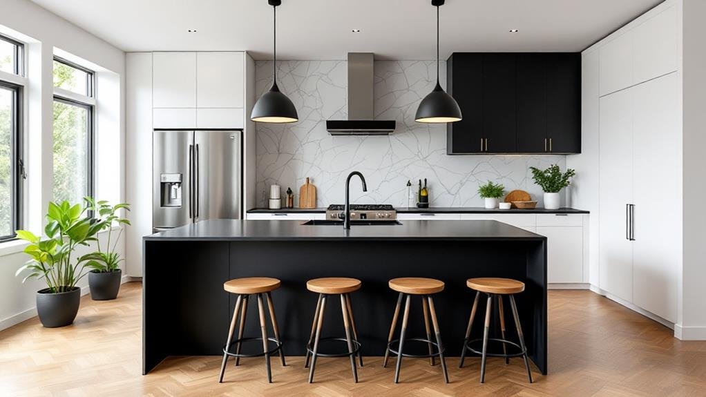 A functional and stylish kitchen island with a marble countertop and integrated seating, blending practicality and elegance. This centerpiece adds workspace and a social element to the modern kitchen design.