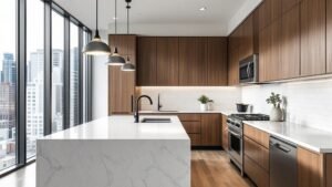 Modern kitchen design featuring a minimalist white kitchen with stainless steel appliances. The clean lines and neutral palette create a sleek and functional space.