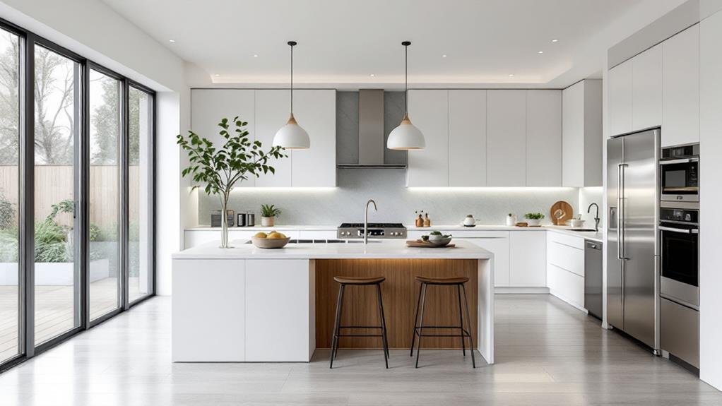 A modern kitchen design with an open-concept layout and island seating, blending functionality with social interaction. The sleek island offers extra workspace and a contemporary look.