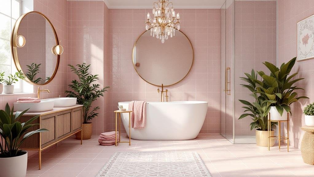 Pink bathroom design ideas for a bold look, featuring a vibrant pink accent wall complemented by luxurious gold fixtures. This combination adds a chic, spa-inspired elegance to the bathroom, perfect for a unique retreat.