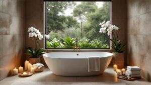 Luxury bathroom with mood lighting, ideal for a relaxing retreat. Features include a modern open shower and soft lighting, bringing a spa-like tranquility to the bathroom design.